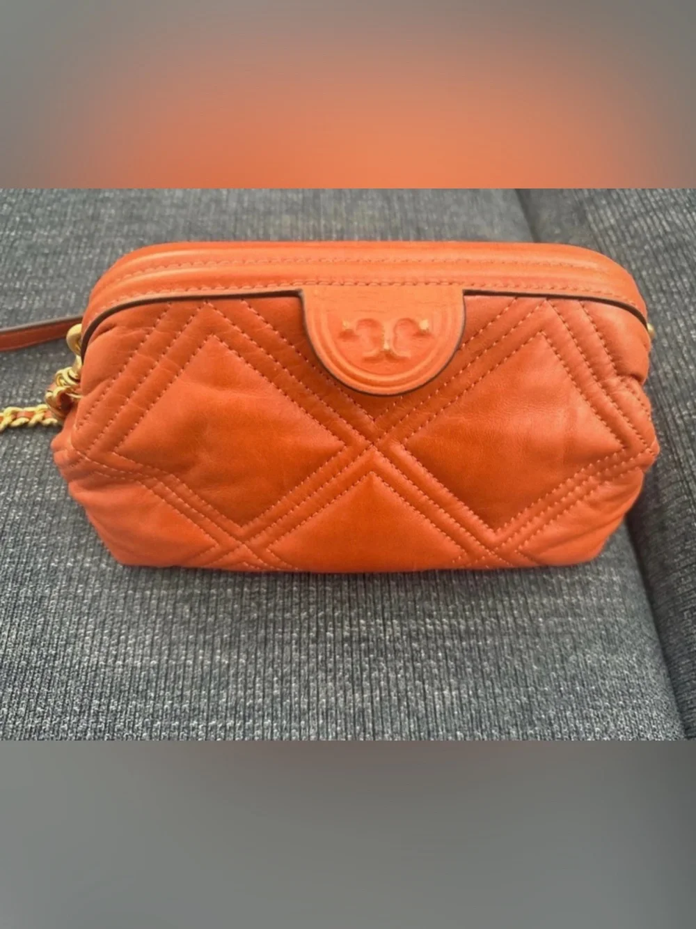 Tory Burch Quilted Leather Crossbody Bag in Burnt Orange with Gold Chain
